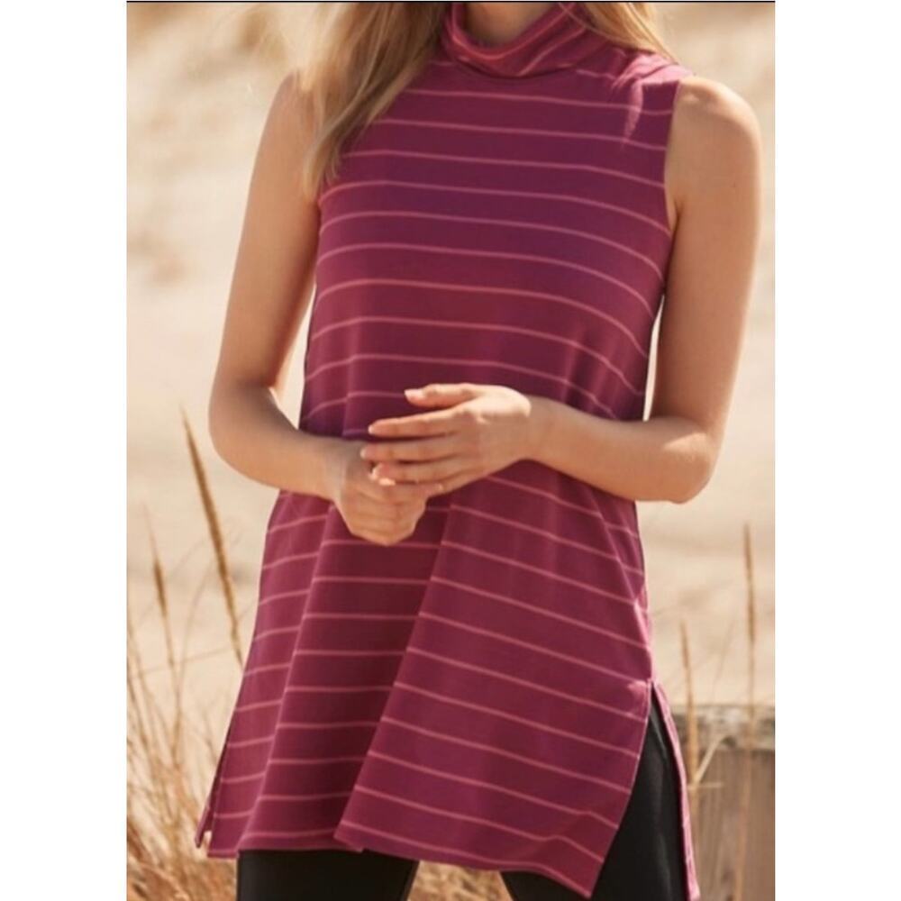 Garnet Hill Mock Neck Split Hem Sleeveless Tunic Top Size S Raspberry Pink